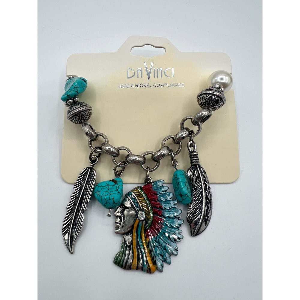 DaVinci Southwestern Charm Bracelet Turquoise Pearl Feather Chief Boho Silver